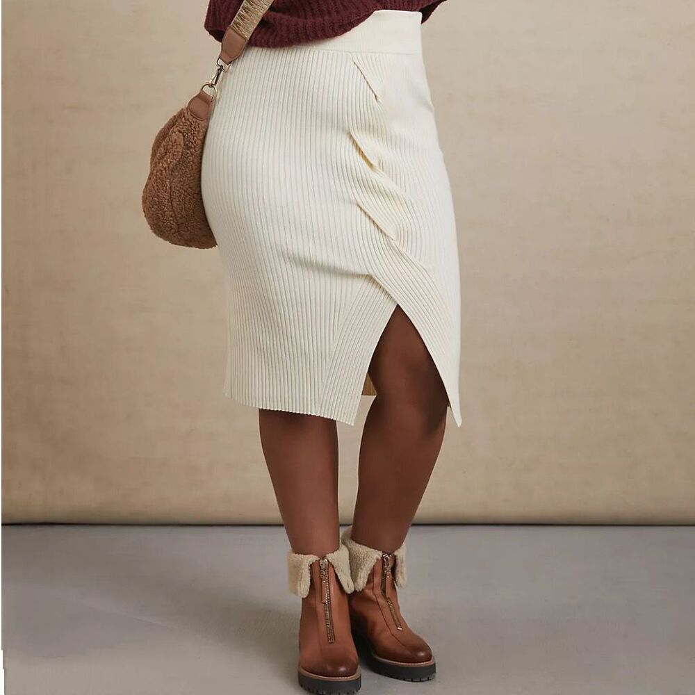 Maeve Desiree Rib Knit Midi Skirt Ivory Cream Woven Braid Front & Slit Detail XS